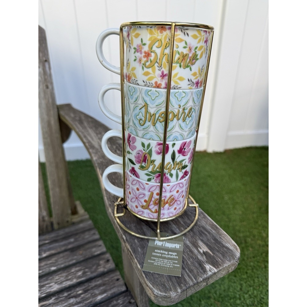 Pier 1 Sentiments Stacking Coffee/Tea Mugs w/Holder Shine Inspire Dream Love NWT